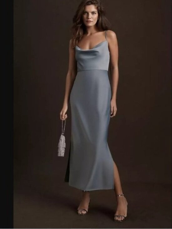 BHLDN Dresses & Skirts - Anthropologie BHLDN Cali Satin Charmeuse Midi Dress (Dusty Blue Size 6)
